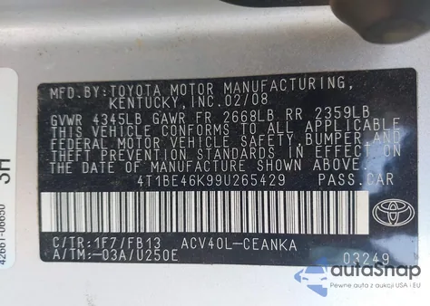 2009 Toyota Camry Le z USA, uszkodzony, nr VIN 4T1BE46K99U265429